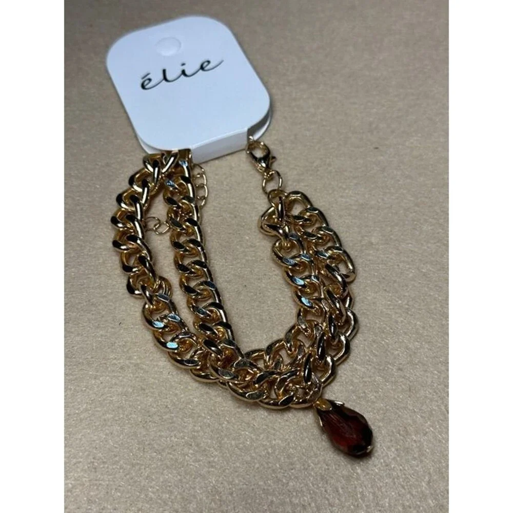 élie Gold Chunky Chain Bracelet Brown Teardrop Charm NWT New Boho Jewelry Gift